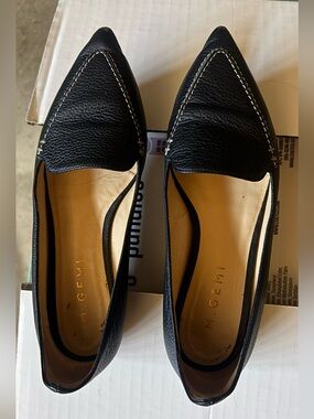 M. Gemi Black Leather Pointed Toe Flats with Contrast Stitching